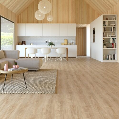 woonkamer met planken PVC vloer, meubels en een vloerkleed.