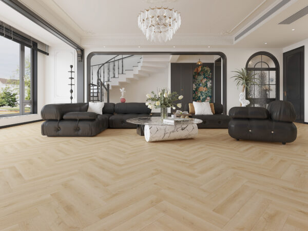 Een stijlvolle woonkamer met een visgraat vloer en chique zwarte meubels.