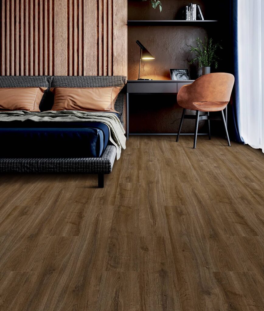 PVC vloer in een slaapkamer met werkhoek.