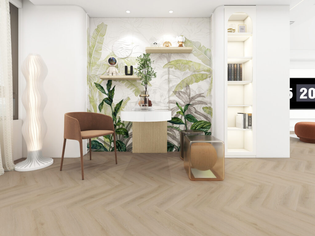 Zithoek met bureau met een visgraat vloer.