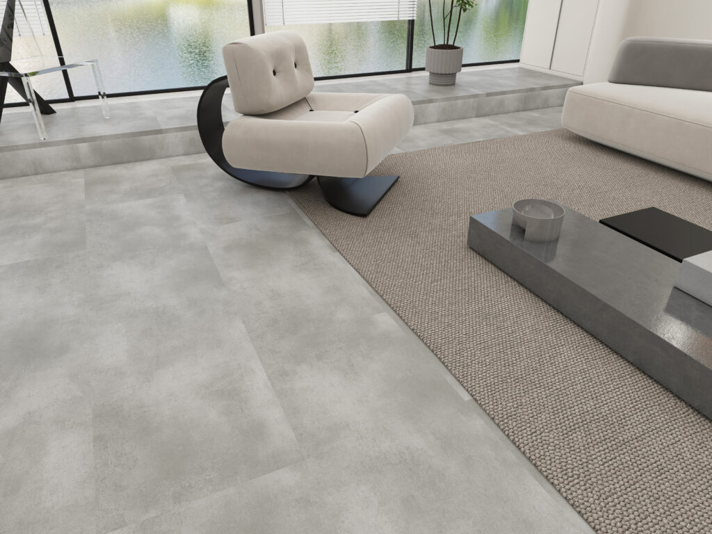 PVC tegelvloer in een woonkamer met modern interieur.
