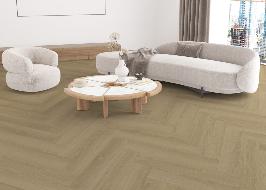 PVC visgraat vloer in een nieuwbouwappartement met Scandinavisch interieur.