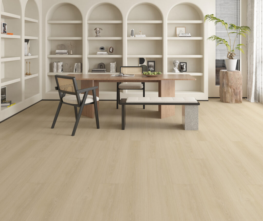 PVC vloer in een studeerkamer met organische meubels.