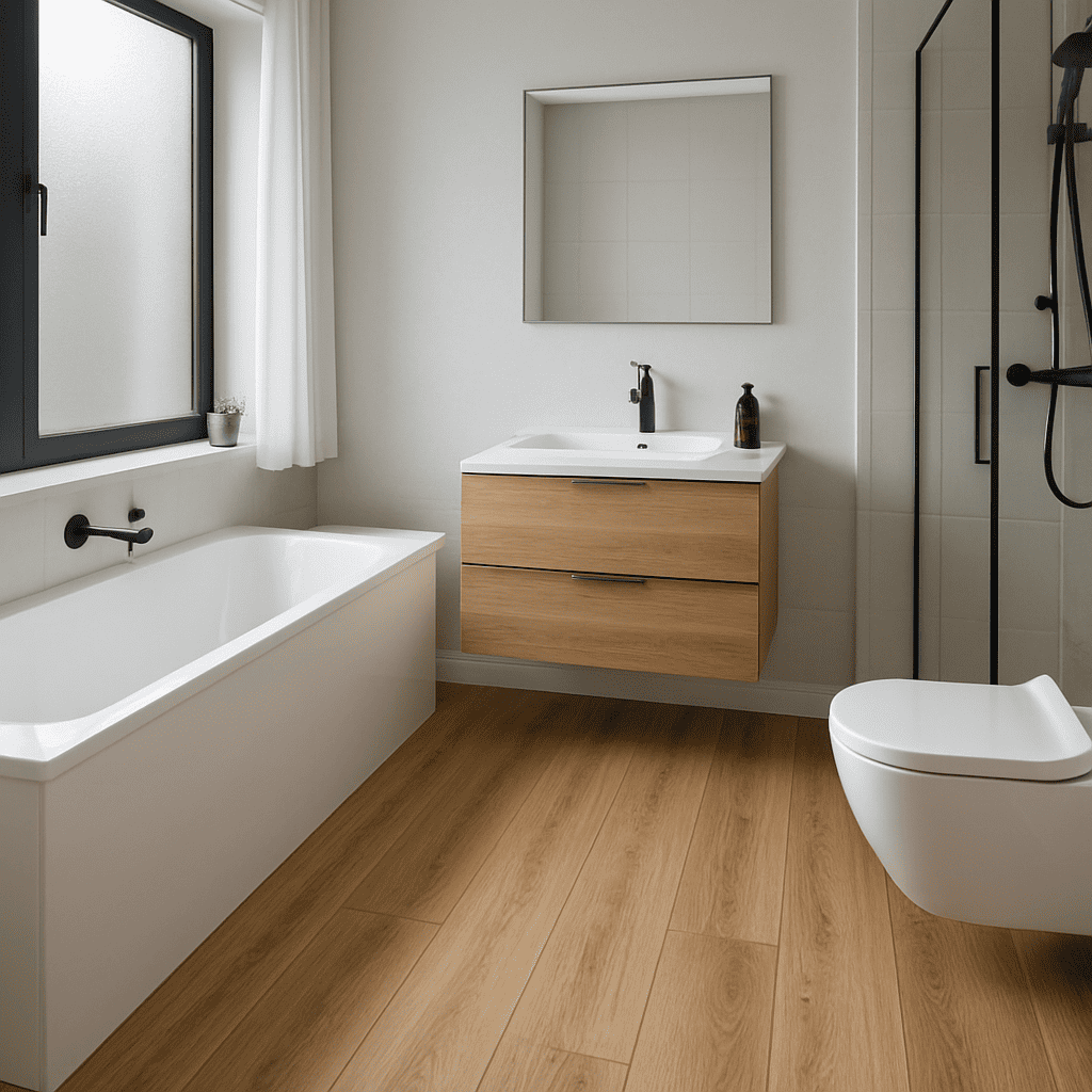 Laminaatvloer in een moderne badkamer met witte meubels en zwarte accenten.