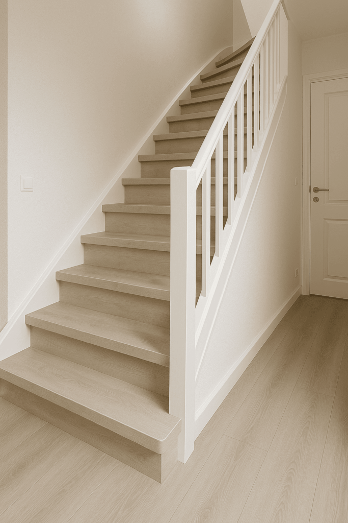 Trap met een lichte PVC trapbekleding in een hal van een woning.