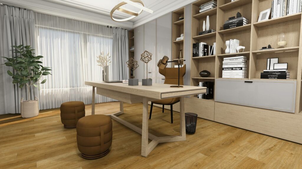 PVC vloer in een thuiskantoor met een bureau en wandkast.