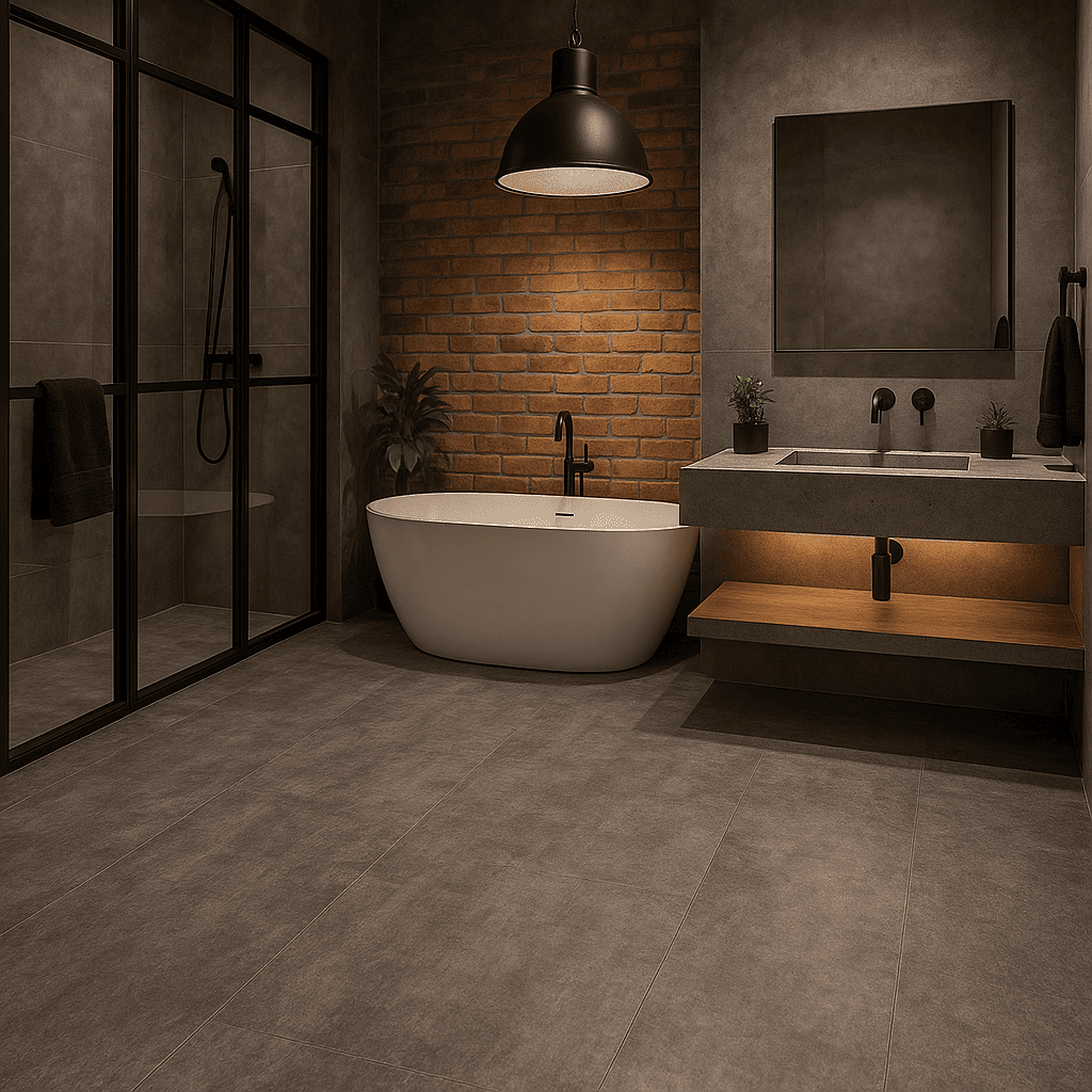 Industriële badkamer met bakstenen muur
