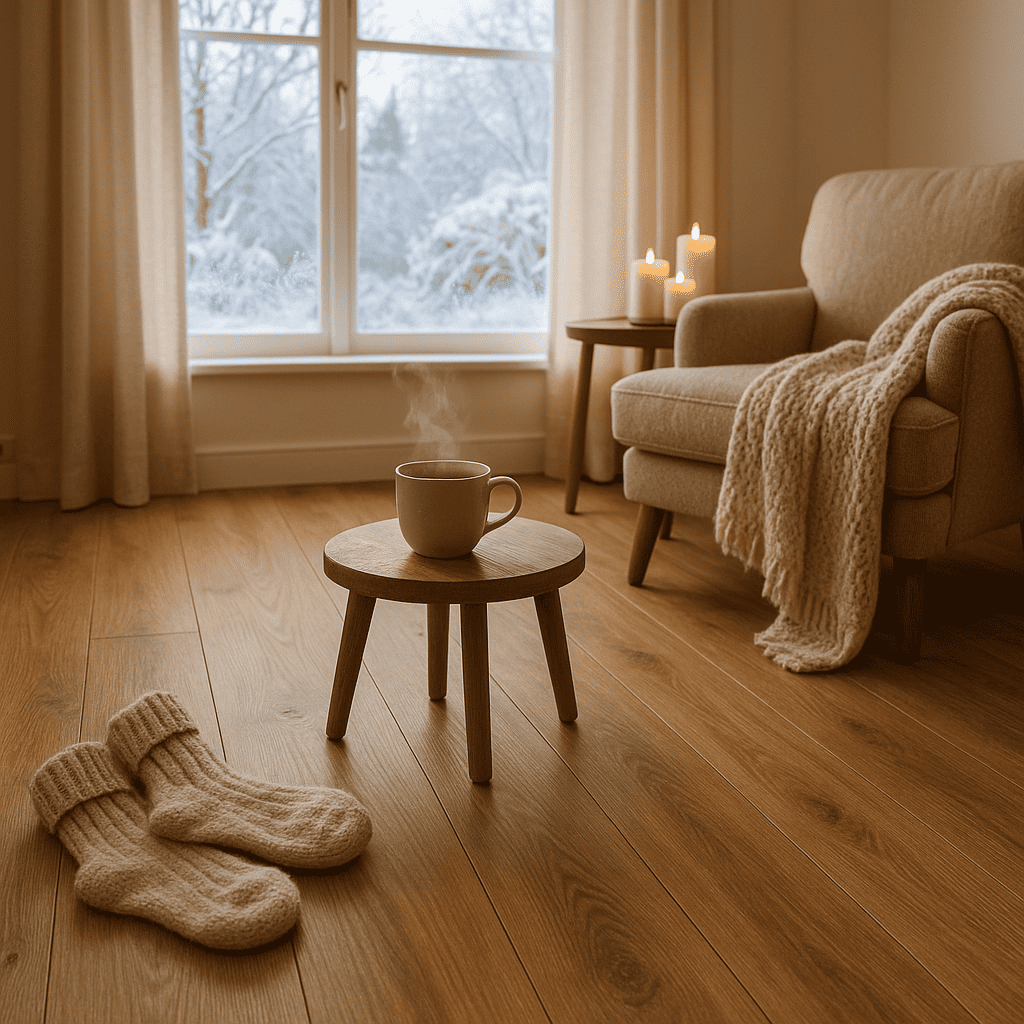 Gezellige woonkamer met houten laminaatvloer en uitzicht op besneeuwde tuin.