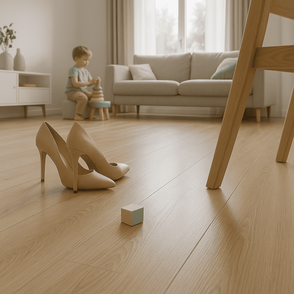 Modern appartement met lichte eiken laminaatvloer en spelend kind.