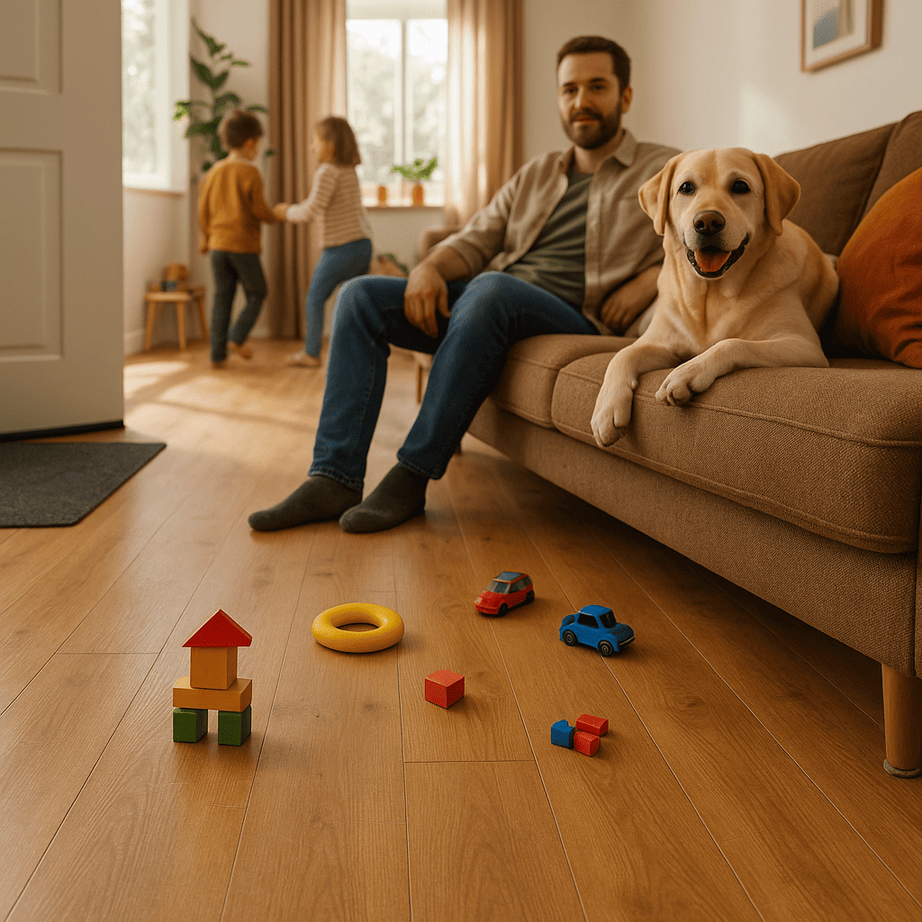 Gezellige woonkamer met eiken laminaatvloer, spelende kinderen en hond.
