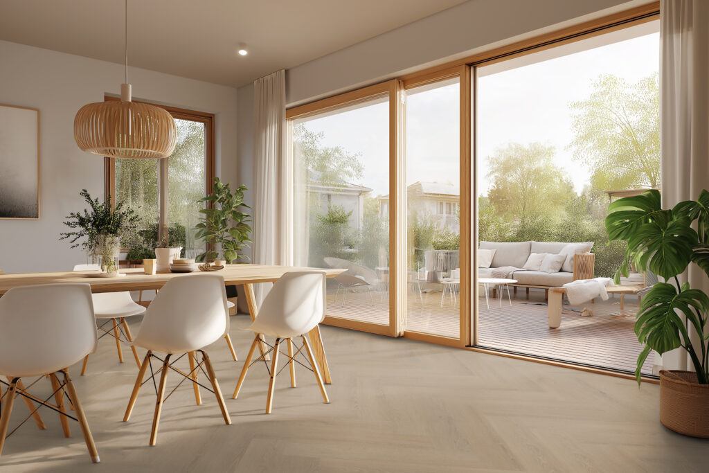 Moderne eetkamer met lichte PVC visgraatvloer, grote raampartijen en openslaande deuren naar een zonnig terras met tuinmeubilair.