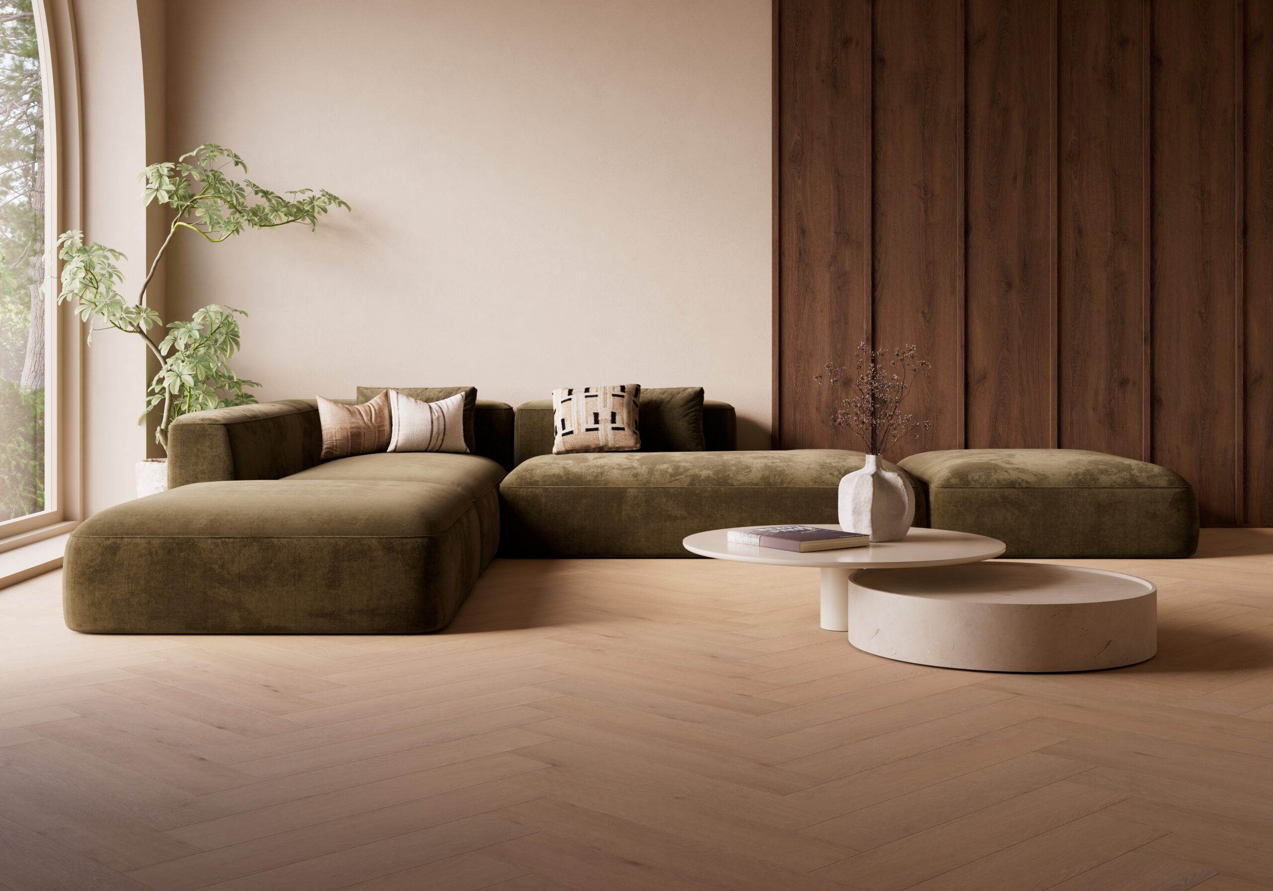 Visgraat vloer in een moderne woonkamer