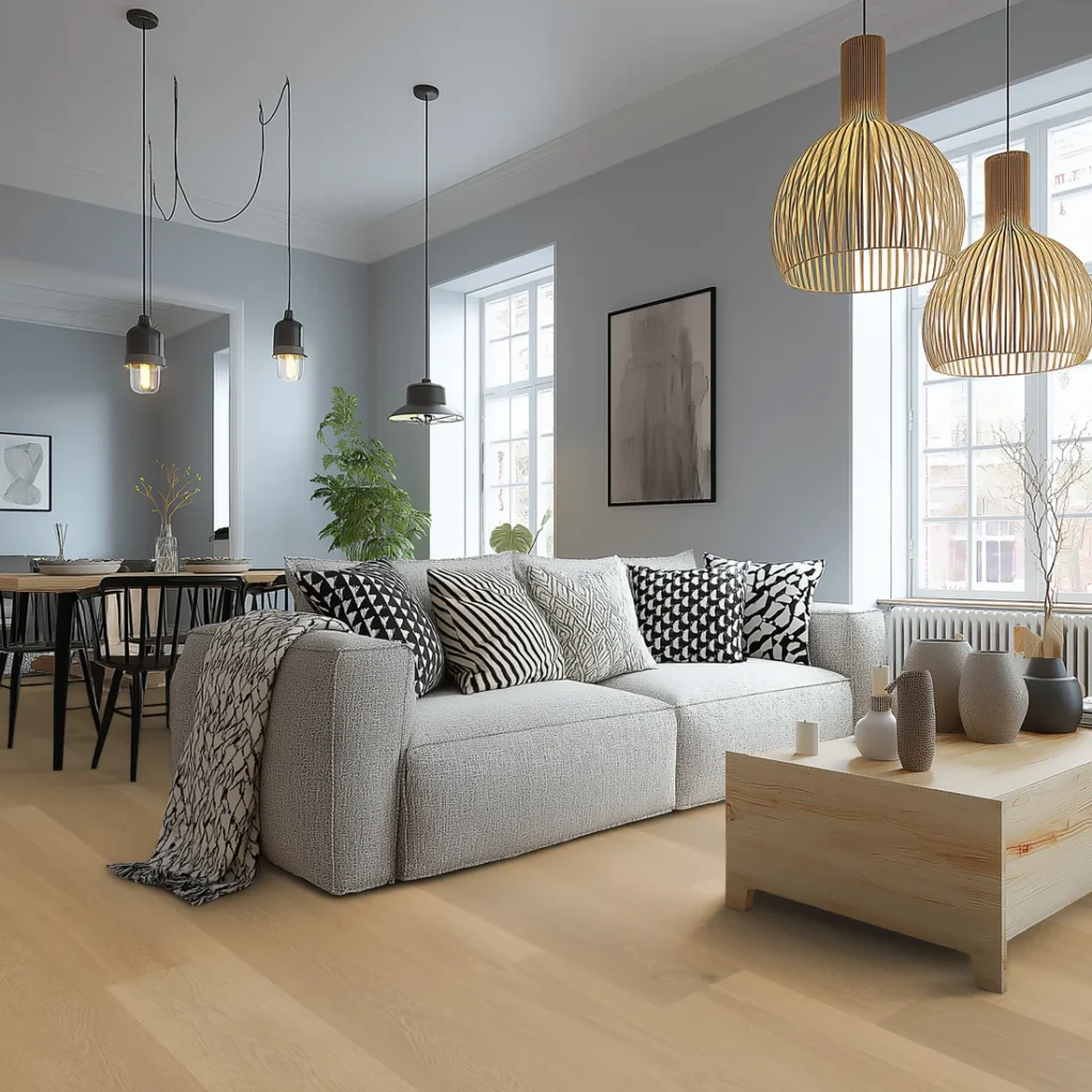 Moderne woonkamer met lichte PVC vloer, grijze bank, houten salontafel en stijlvolle hanglampen boven de zithoek.