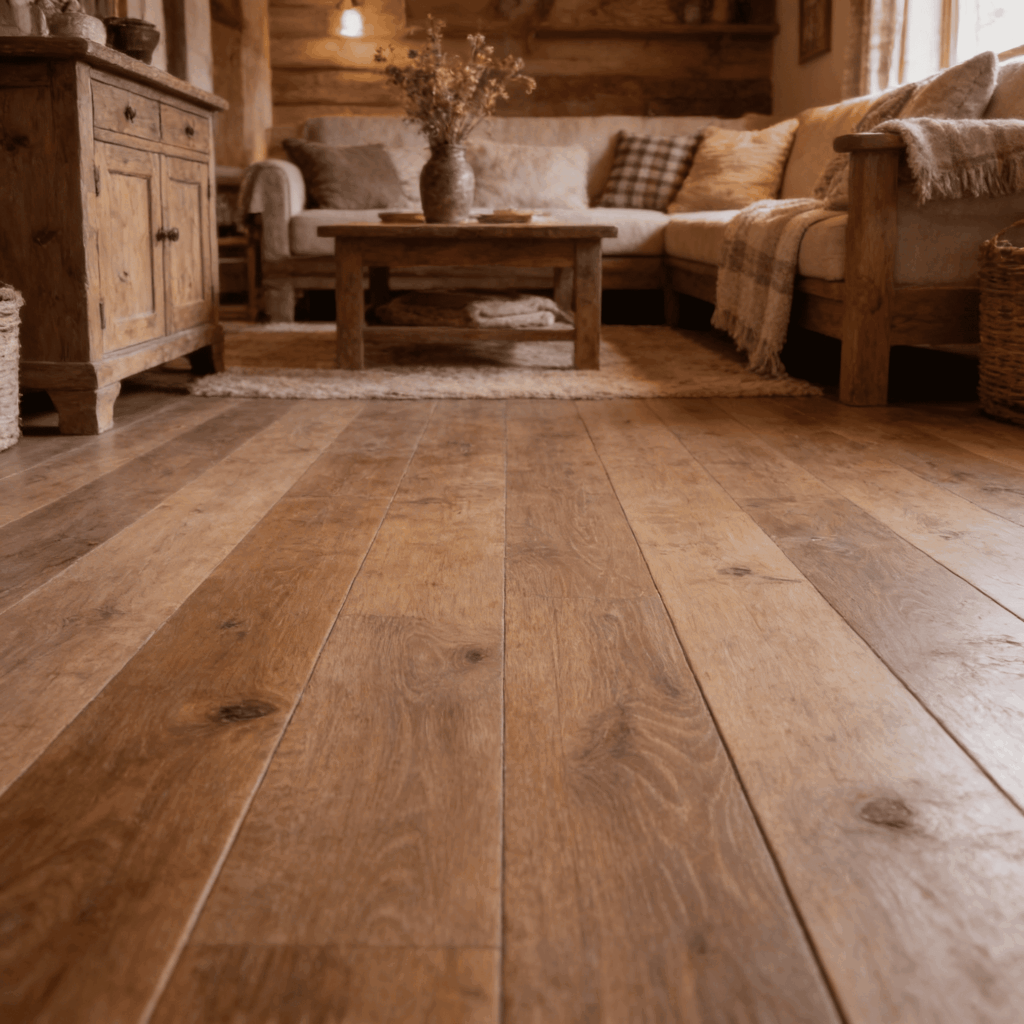 Landelijke woonkamer met warme houttinten en robuuste laminaatvloer, houten meubels en beige hoekbank met sierkussens.