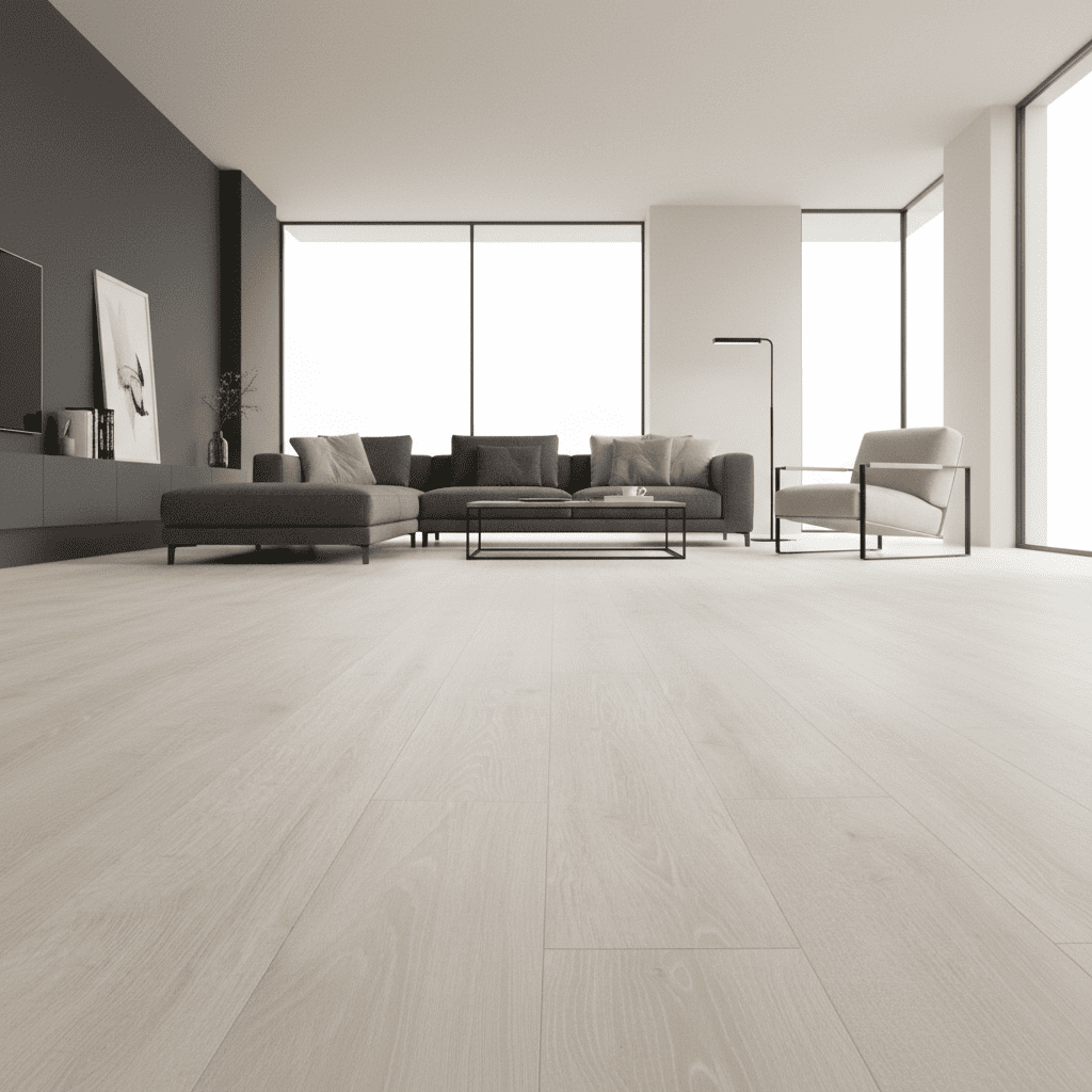 Moderne woonkamer met lichte laminaatvloer, grijze hoekbank, minimalistische fauteuil en grote raampartijen voor veel natuurlijk licht.