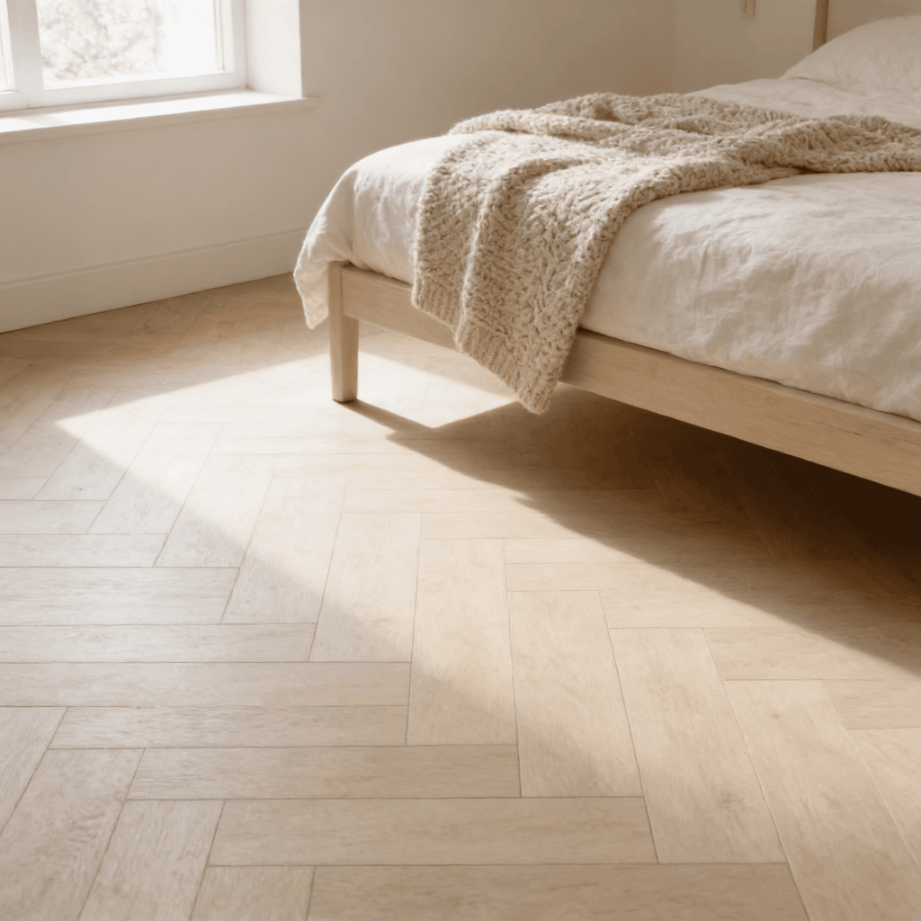 : Scandinavische slaapkamer met lichte visgraat laminaatvloer, houten bedframe en een beige plaid, verlicht door natuurlijk daglicht vanuit het raam.