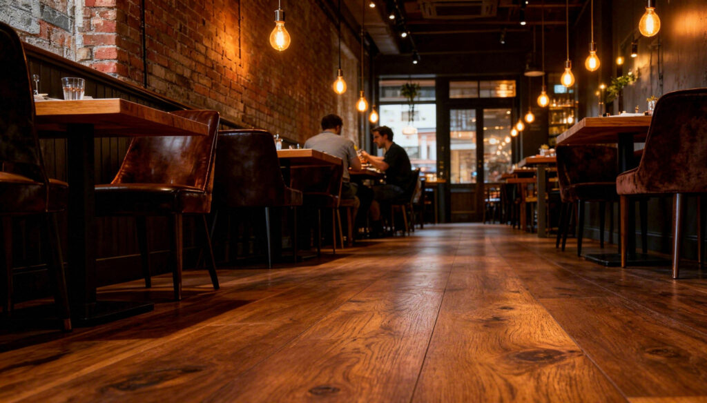 Sfeervol restaurantinterieur met warme verlichting, houten tafels en een donkerbruine laminaatvloer.