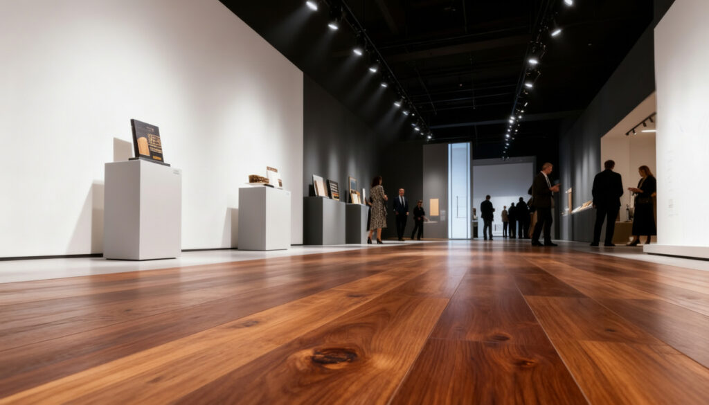 Minimalistische galerieruimte met strakke presentatie en een hoogwaardige houtlook laminaatvloer.