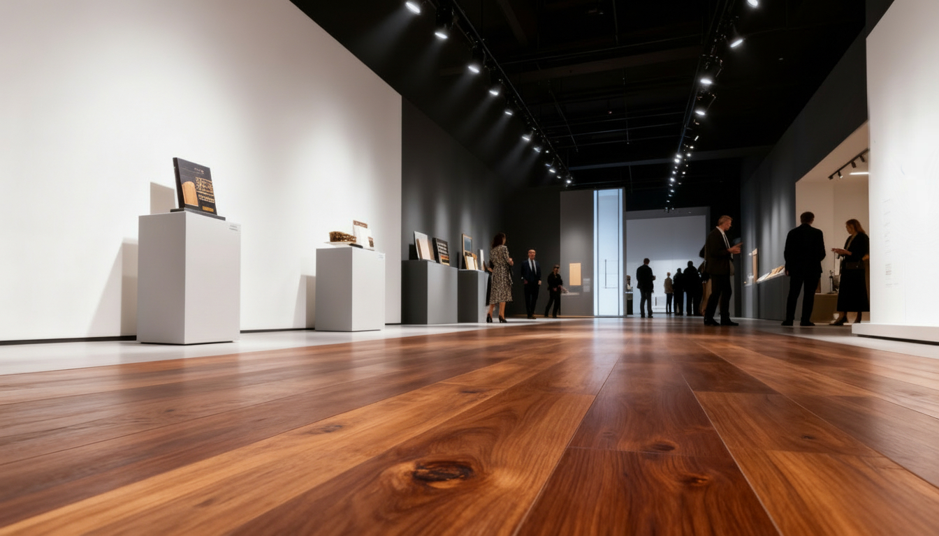 Minimalistische galerieruimte met strakke presentatie en een hoogwaardige houtlook laminaatvloer.