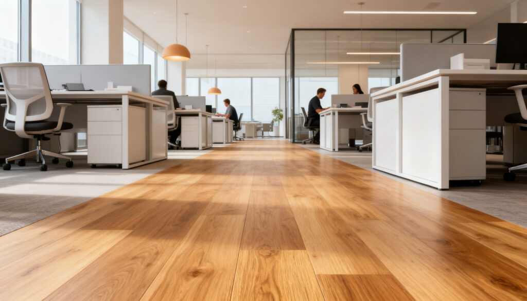 Moderne kantoorruimte met lichte houtlook laminaatvloer, bureaus en medewerkers in een open werkruimte.