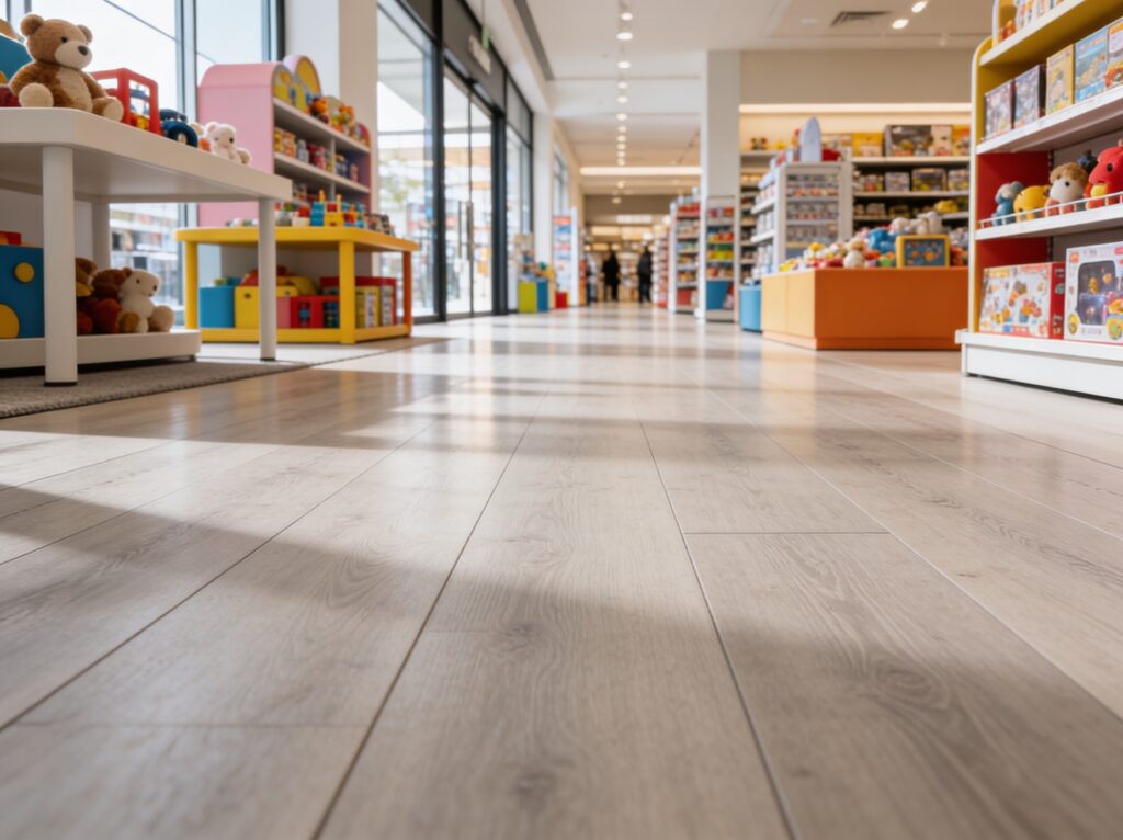 Speelgoedwinkel met licht houtlook PVC vloer, kleurrijke winkelinrichting en brede looppaden tussen speelgoedrekken.