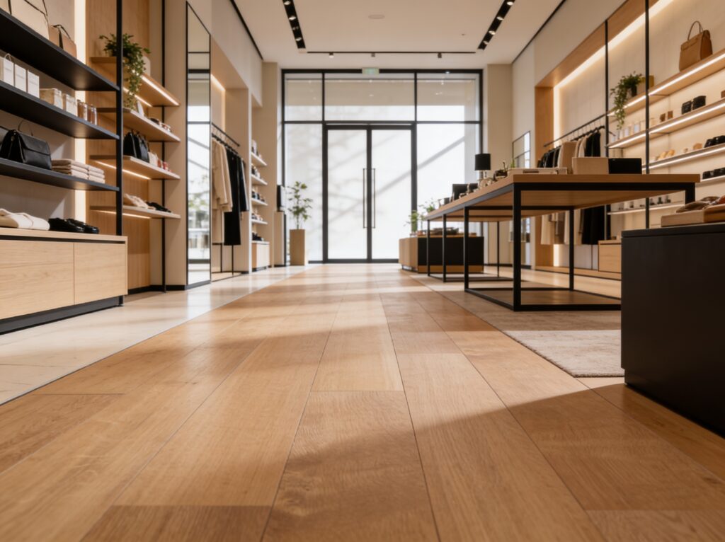 Luxe kledingwinkel met houtlook PVC vloer, moderne winkelrekken en sfeervolle verlichting in een stijlvolle retailruimte.
