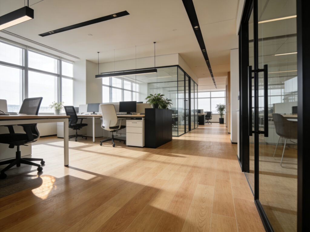 Modern kantoorinterieur met houten PVC vloer, glazen vergaderruimtes en lichte werkplekken met grote raampartijen.