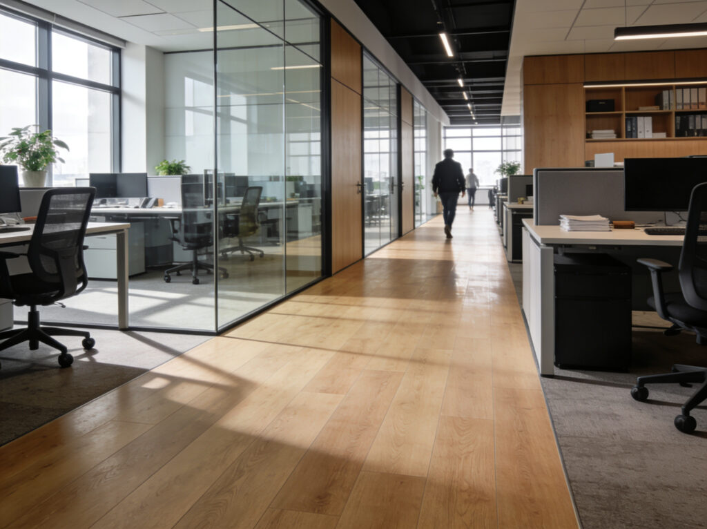 Moderne kantoortuin met combinatie van tapijt en houtlook PVC vloer, glazen kantoorwanden en stijlvolle werkplekken.