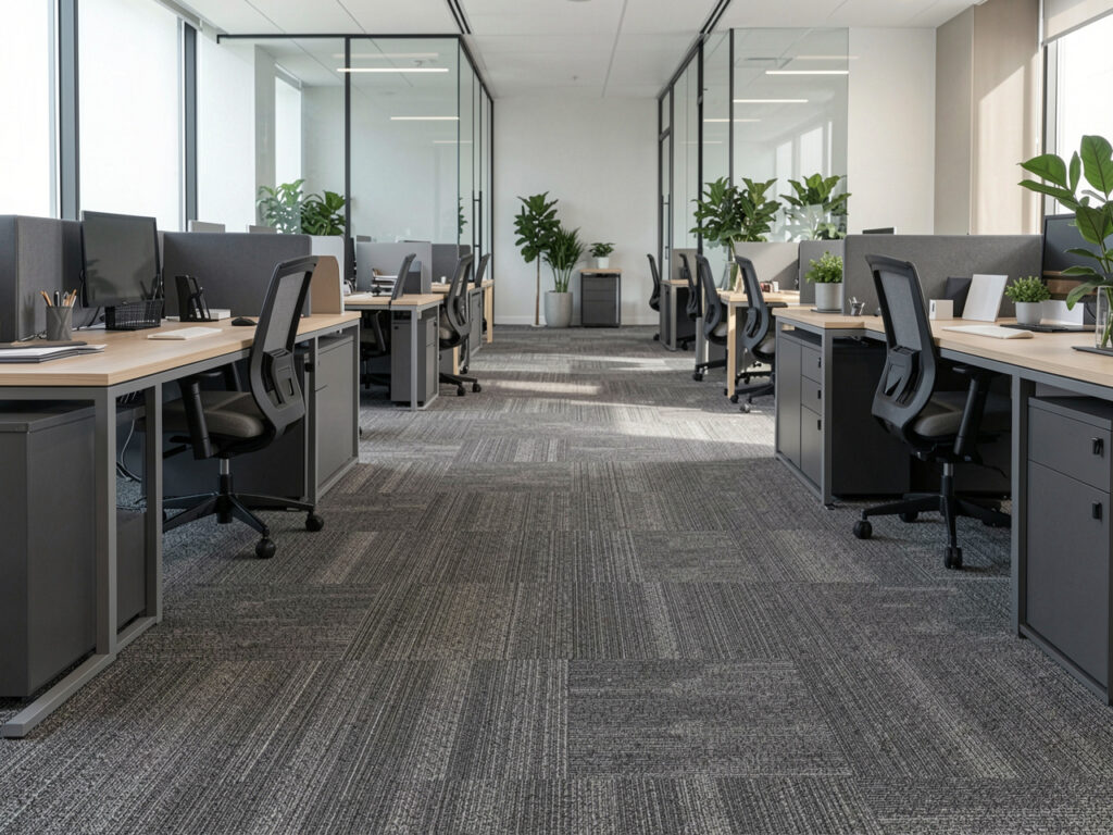 Ruime kantoorruimte met grijze tapijttegels, moderne bureaus, ergonomische bureaustoelen en glazen vergaderruimtes.