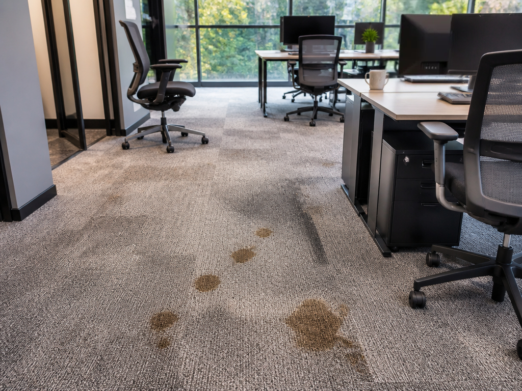 Kantoorruimte met grijze tapijttegels en zichtbare vlekken op de vloer tussen moderne bureaus en bureaustoelen.