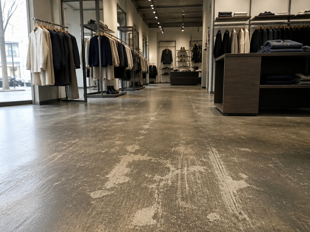 Kledingwinkel met beschadigde winkelvloer en zichtbare slijtage tussen moderne kledingrekken en presentatiemeubels.