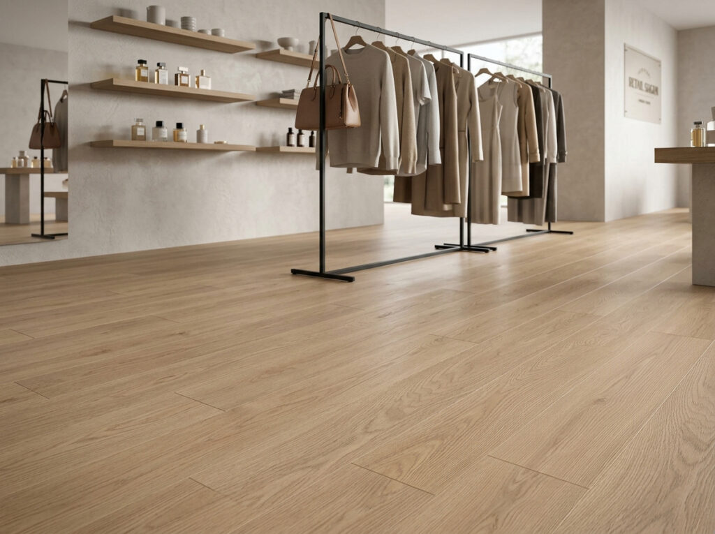 Moderne kledingwinkel met licht eiken laminaatvloer, minimalistische kledingrekken en stijlvolle productpresentatie.