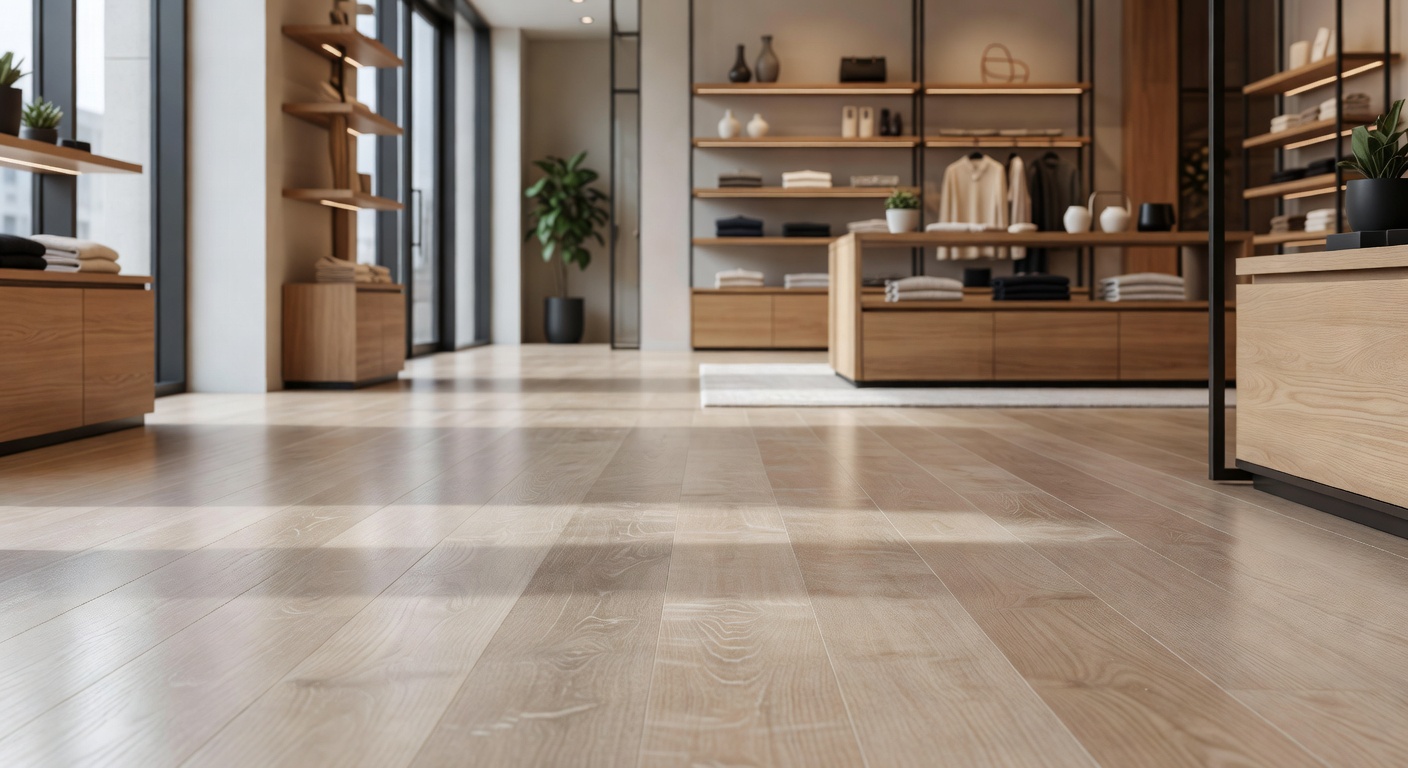 Moderne winkelruimte met licht houtlook laminaatvloer, stijlvolle houten winkelmeubels en minimalistische kledingpresentatie.
