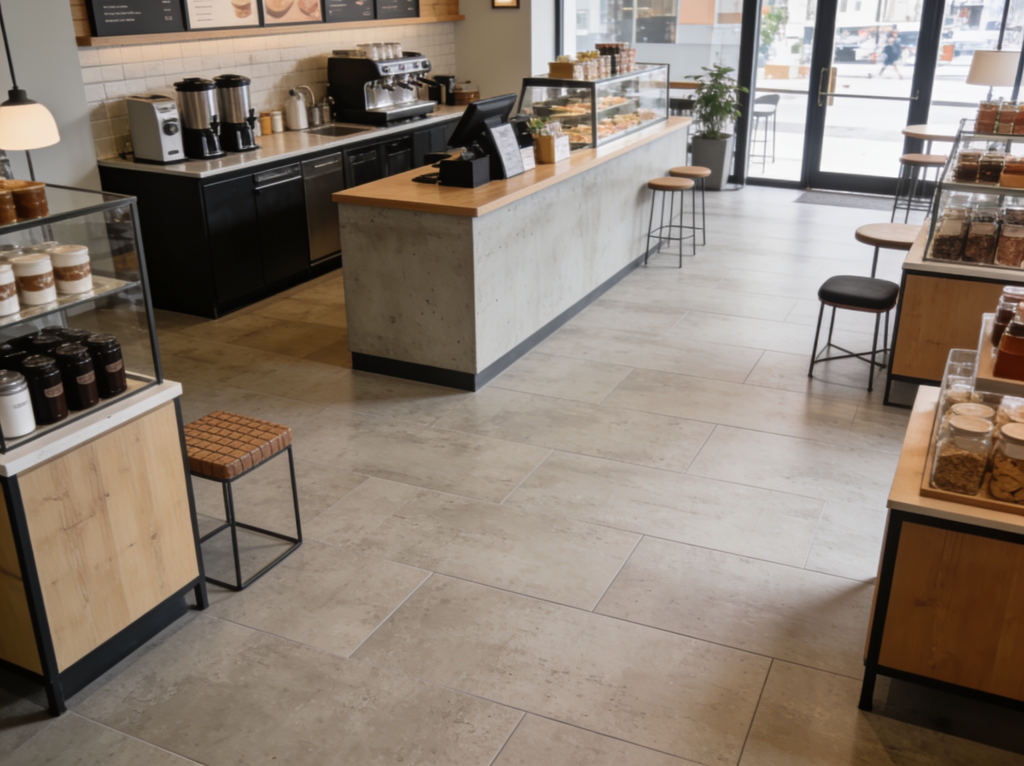 PVC klik tegels in een pop-up koffiezaak.