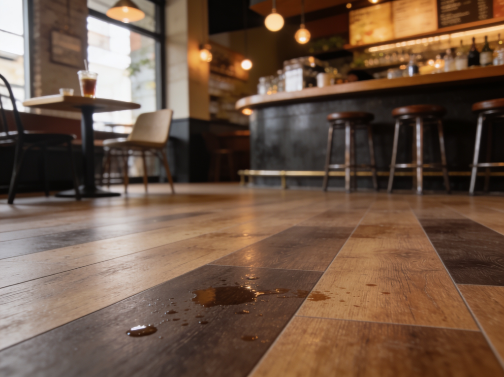 PVC vloer in een café met koffievlekken op de grond.